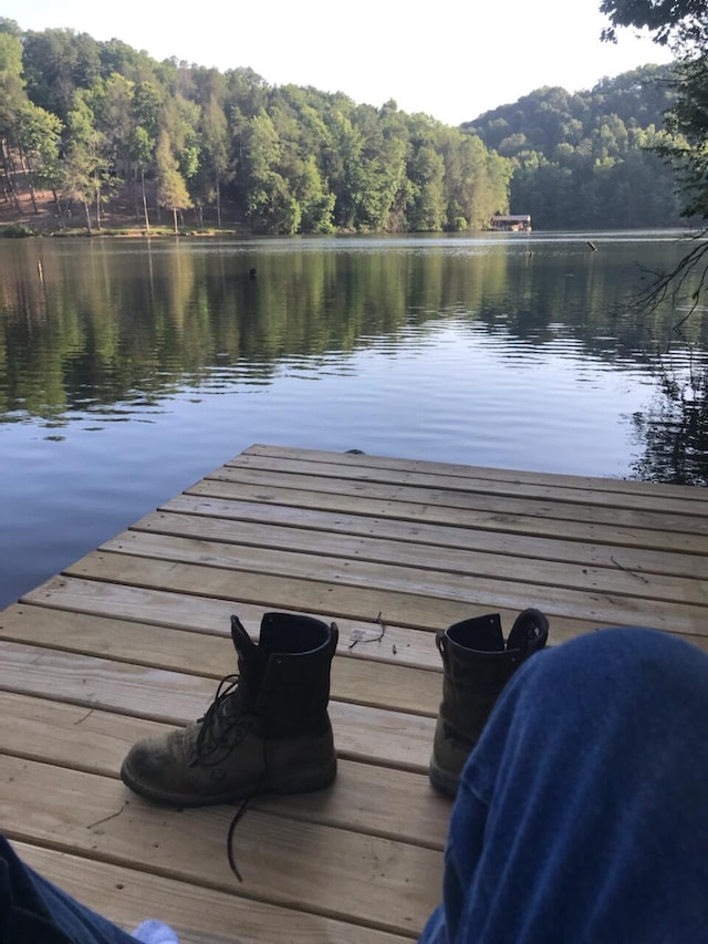 view of dock with a water view and a wooded view