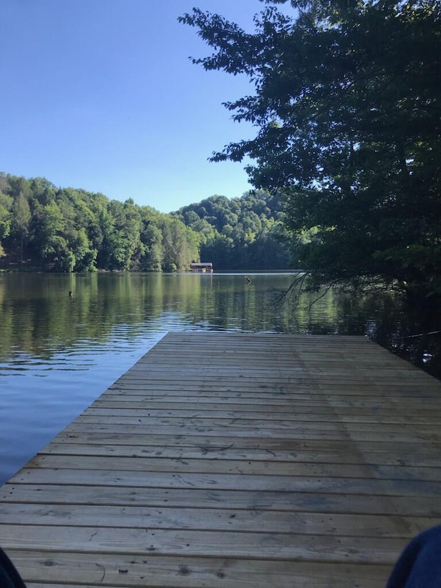 view of dock with a water view and a forest view