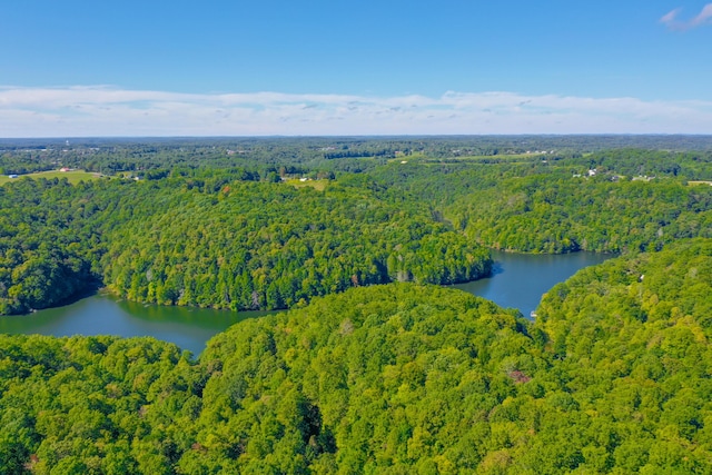 drone / aerial view with a water view and a wooded view