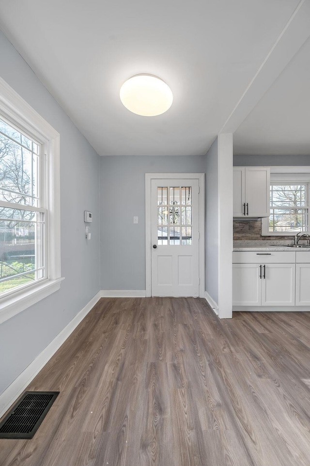 interior space featuring light wood-style flooring, a sink, visible vents, and baseboards