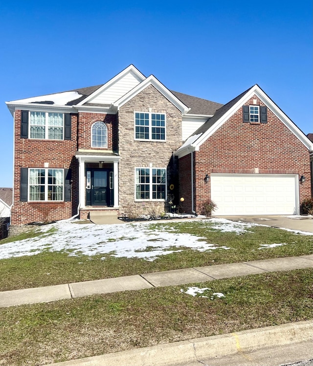 view of front of house with a garage, stone siding, brick siding, and driveway