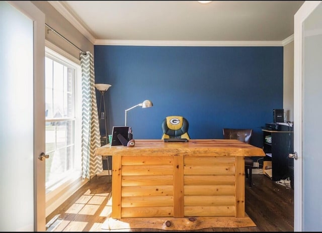 office space with ornamental molding and wood finished floors