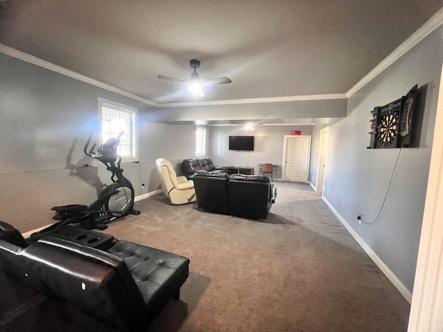 living room with baseboards, ornamental molding, and carpet flooring