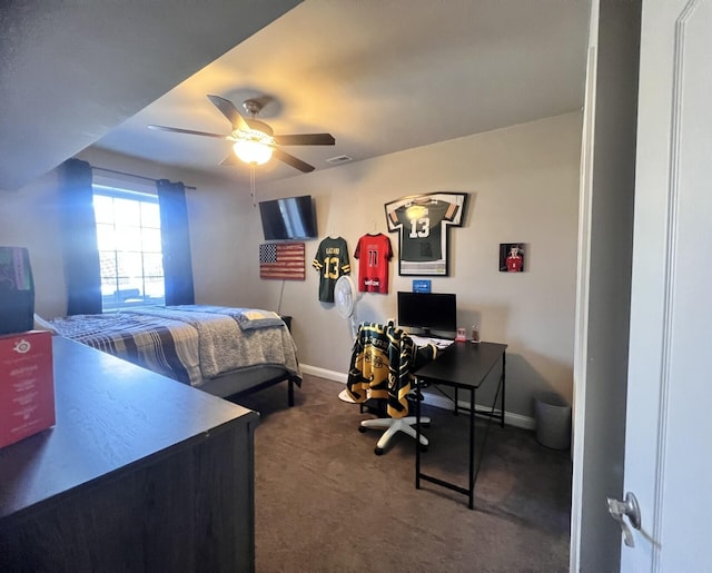 bedroom with carpet, visible vents, baseboards, and ceiling fan