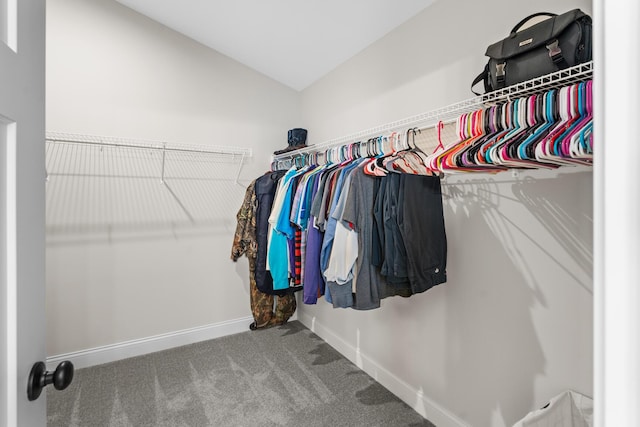spacious closet with carpet floors and lofted ceiling