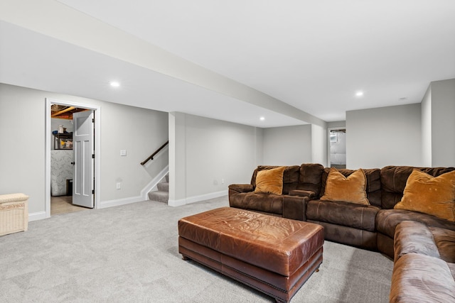 living room with light carpet, stairs, baseboards, and recessed lighting