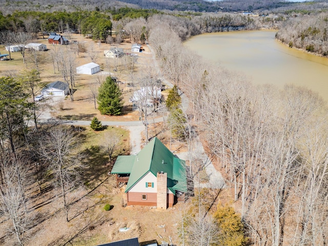 birds eye view of property featuring a water view and a view of trees