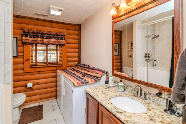 bathroom with a shower, visible vents, toilet, a textured ceiling, and vanity