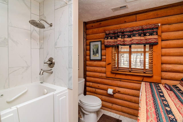 full bathroom featuring rustic walls, visible vents, toilet, bathtub / shower combination, and a textured ceiling