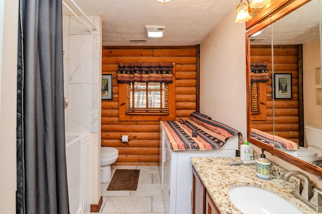 bathroom with toilet, visible vents, log walls, and a textured ceiling