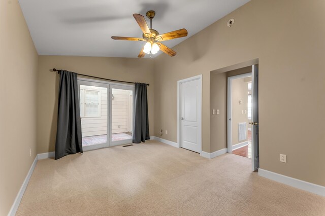1649 Silver Pheasant Cir, Lexington, KY 40511 - empty room featuring visible vents, baseboards, ceiling fan, vaulted ceiling, and light colored carpet