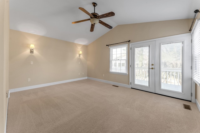 1649 Silver Pheasant Cir, Lexington, KY 40511 - unfurnished room with vaulted ceiling, french doors, visible vents, ceiling fan, and light colored carpet