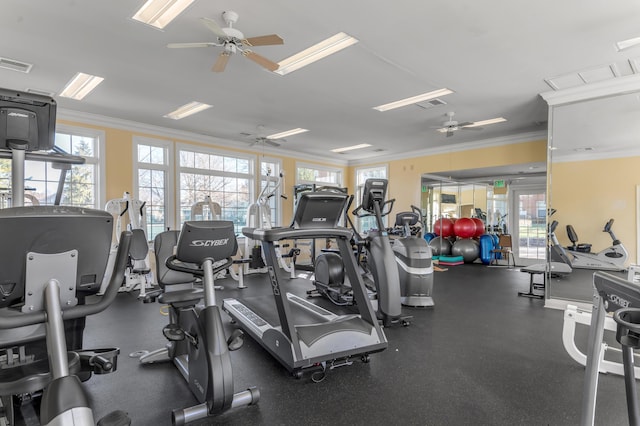 1649 Silver Pheasant Cir, Lexington, KY 40511 - gym with ornamental molding, a ceiling fan, and visible vents