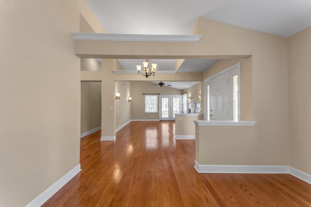 1649 Silver Pheasant Cir, Lexington, KY 40511 - entryway featuring baseboards, light wood finished floors, vaulted ceiling, and ceiling fan with notable chandelier