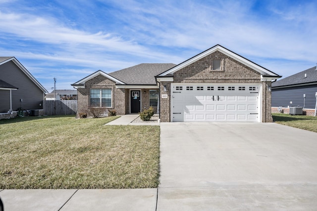 view of front facade featuring central air condition unit, driveway, a front yard, and brick siding