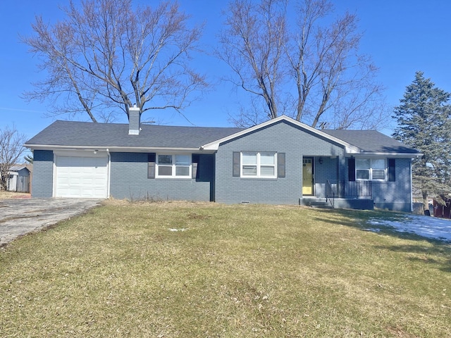 single story home with brick siding, a chimney, covered porch, an attached garage, and a front lawn