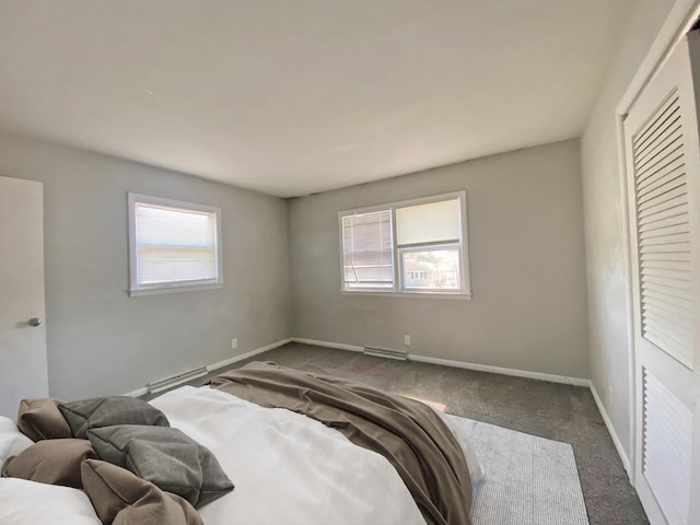 carpeted bedroom with multiple windows, baseboards, and a closet