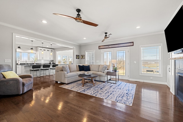 living room featuring ornamental molding, dark wood-style flooring, and a healthy amount of sunlight