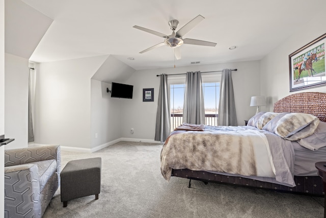 bedroom with access to exterior, visible vents, a ceiling fan, light carpet, and baseboards