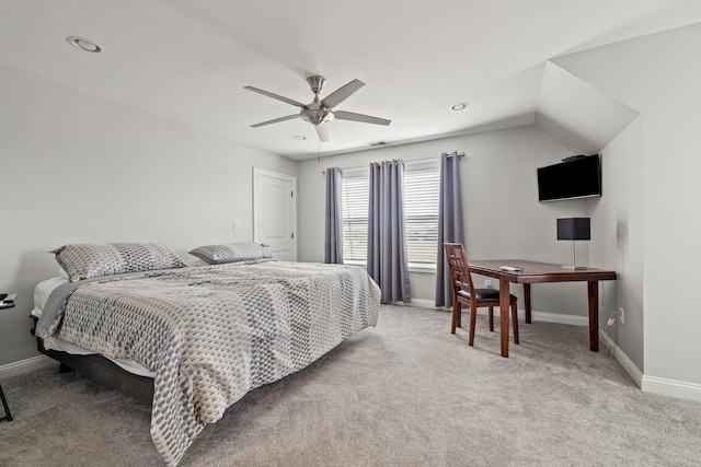 bedroom featuring light carpet, visible vents, baseboards, and ceiling fan