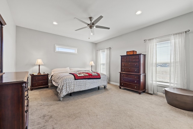 carpeted bedroom with recessed lighting, ceiling fan, and baseboards