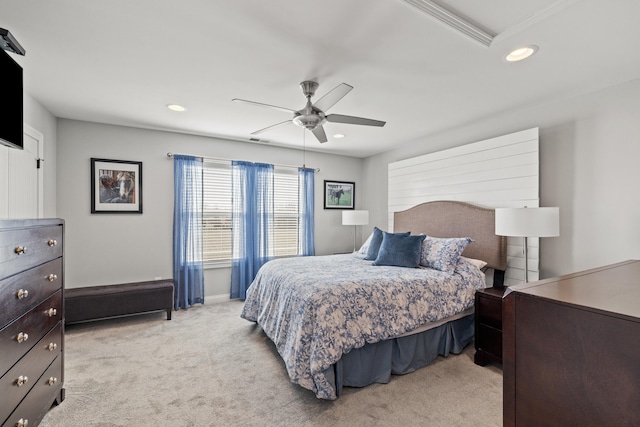 bedroom with recessed lighting, light colored carpet, visible vents, ceiling fan, and baseboards