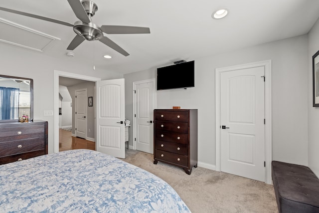 bedroom featuring light carpet, ceiling fan, baseboards, and recessed lighting