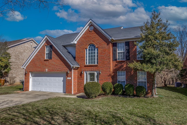 view of front of home with driveway, central AC unit, and brick siding