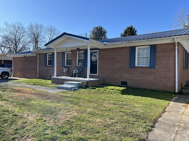 ranch-style house with a front lawn, crawl space, brick siding, and covered porch