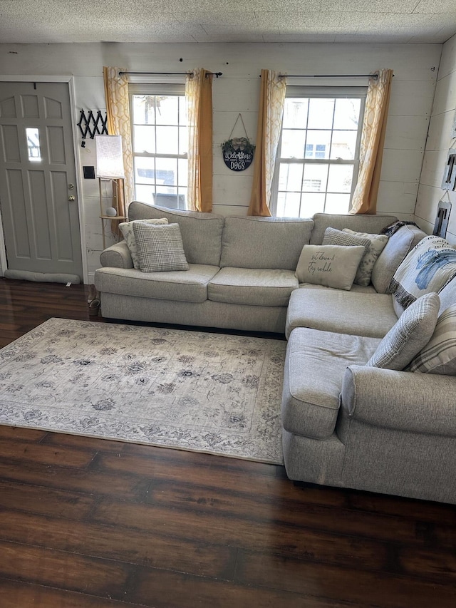 living room featuring dark wood-style floors and a textured ceiling