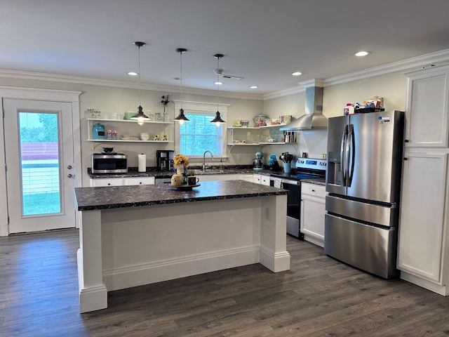 1232 Hurt Ln, Lancaster, KY 40444 - kitchen with wall chimney range hood, a kitchen island, open shelves, and stainless steel appliances