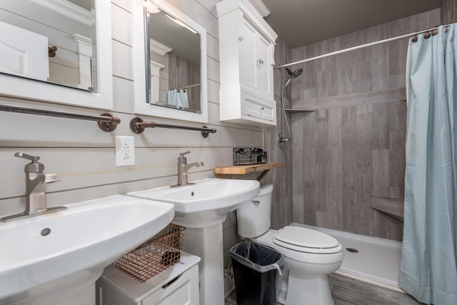 full bathroom featuring a sink, a shower stall, toilet, and wood finished floors