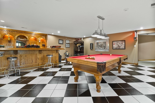 game room with a dry bar, billiards, visible vents, baseboards, and recessed lighting