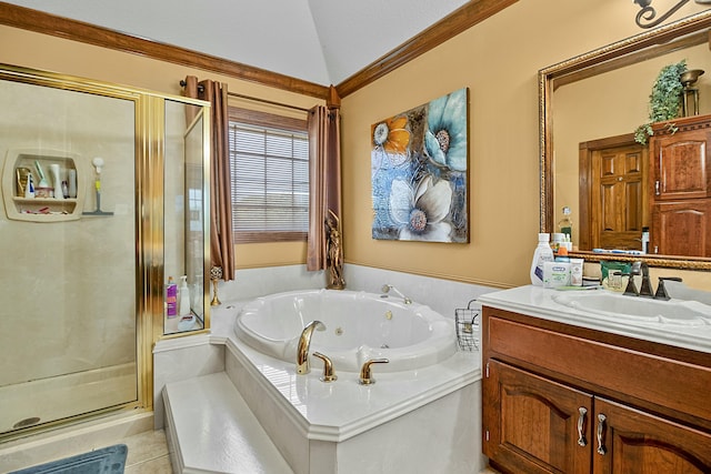 full bath featuring a stall shower, lofted ceiling, a jetted tub, tile patterned flooring, and vanity