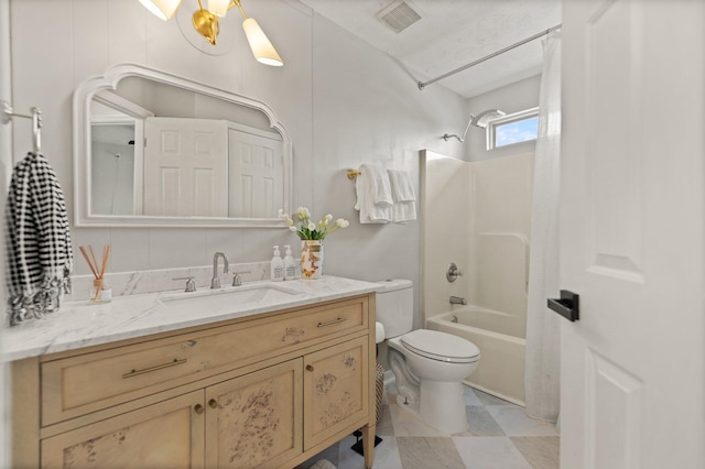 full bath with shower / bath combination, visible vents, vanity, and toilet