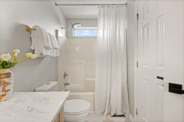 bathroom featuring a textured ceiling, toilet, shower / tub combo, visible vents, and vanity