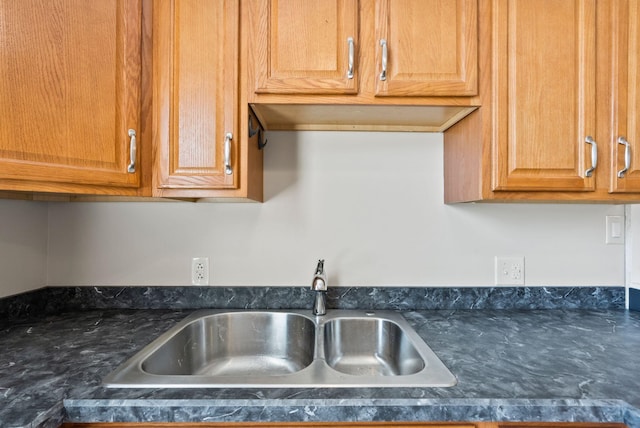 kitchen featuring dark countertops and a sink