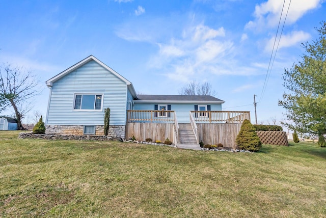 back of house with a yard, stairway, and a wooden deck