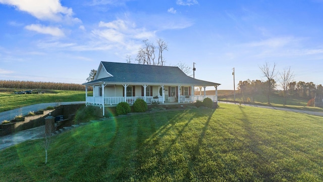 country-style home with covered porch and a front lawn