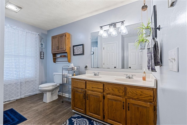 bathroom with a sink, a textured ceiling, toilet, and wood finished floors