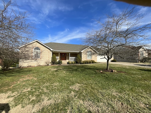 view of front of house featuring brick siding, roof with shingles, concrete driveway, an attached garage, and a front lawn