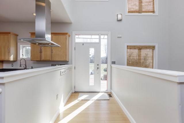 foyer with light wood-type flooring and baseboards