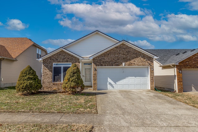 ranch-style house with a garage, concrete driveway, and brick siding