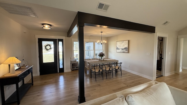 dining room with wood finished floors, visible vents, and baseboards