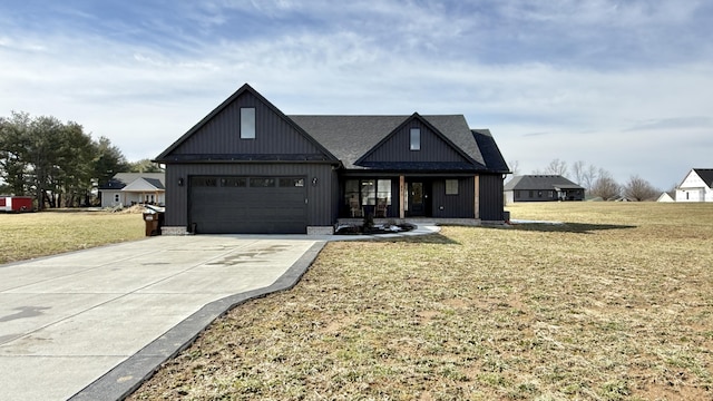 modern farmhouse with a garage, driveway, a front lawn, and roof with shingles