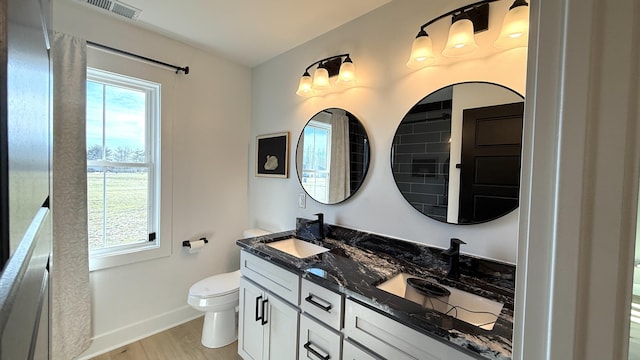 full bathroom featuring toilet, plenty of natural light, visible vents, and a sink