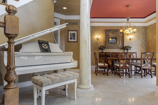 interior space featuring ornamental molding, visible vents, decorative columns, and an inviting chandelier