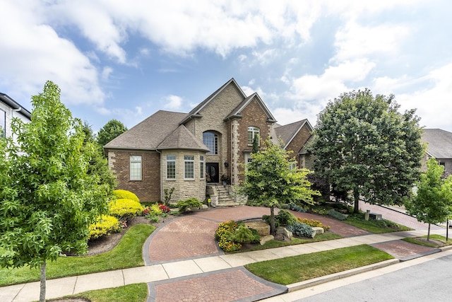 view of front of house featuring stone siding, a shingled roof, and brick siding