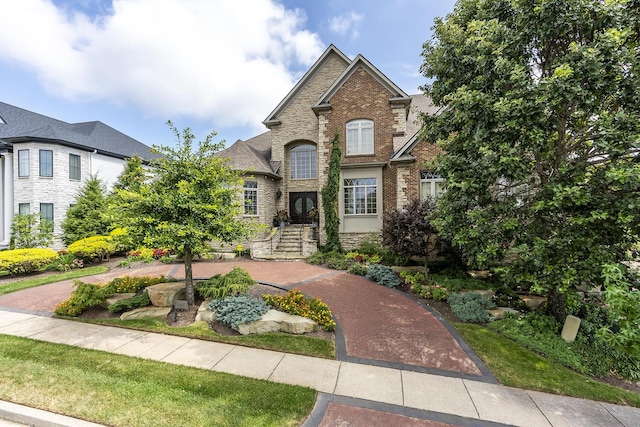 view of front of property featuring brick siding and stone siding