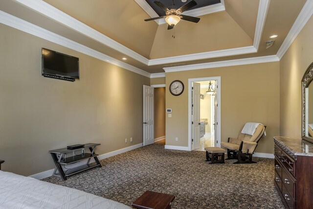 carpeted bedroom featuring high vaulted ceiling, baseboards, ornamental molding, and recessed lighting